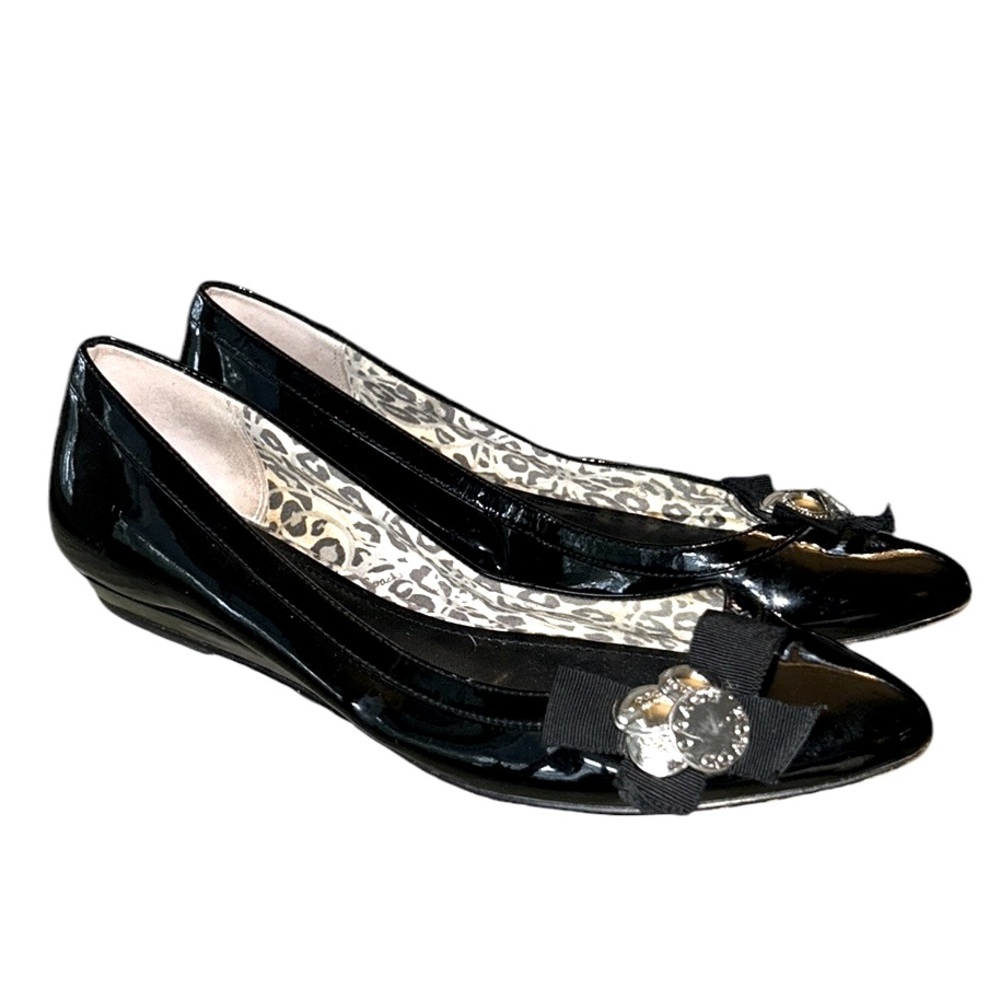 COACH Trina Black Patent Silver Coin Bow Detail Low Wedge Ballet Flats  - 7.5
